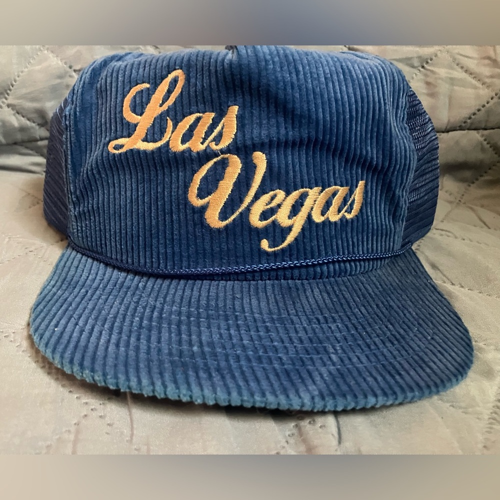 Vintage Blue Corduroy Embroidered Las Vegas Trucker Baseball Snapback Hat